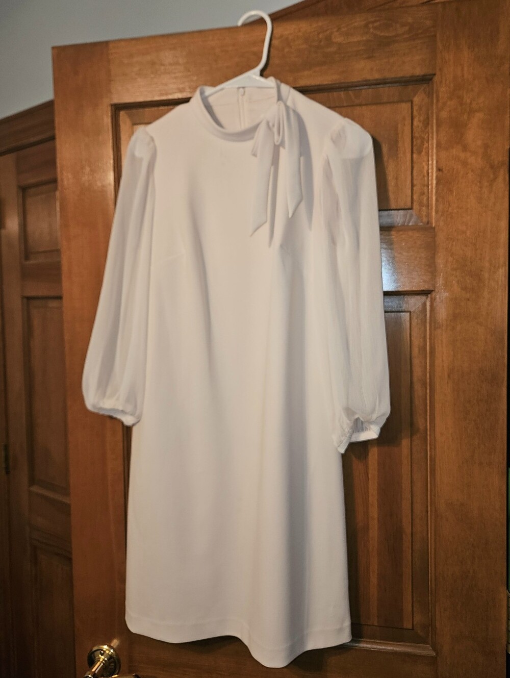 Elegant Pale Pink Long-Sleeve Tie-Neck Dress